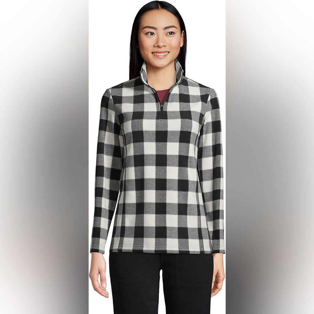 Lands' End Women’s Black & White Buffalo Plaid Fleece Quarter Zip. Size XL-NWOT.